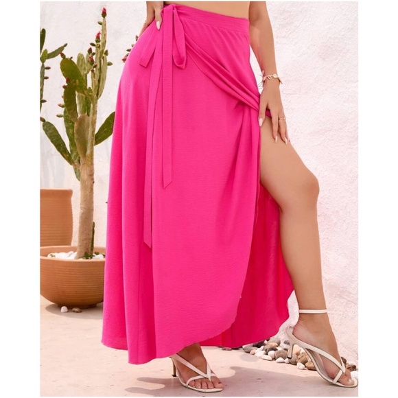Plus Hot Pink Tie Maxi Skirt - Picture 2 of 6